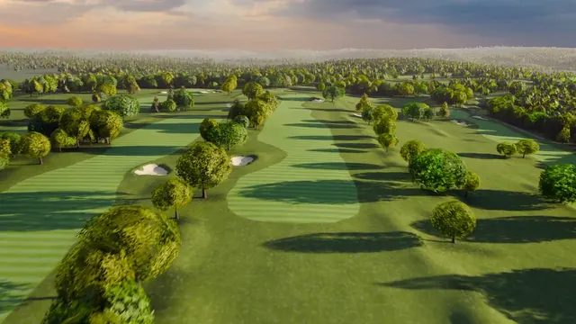 A golf hole from above, a wide mown corridor with bunkers to the left.