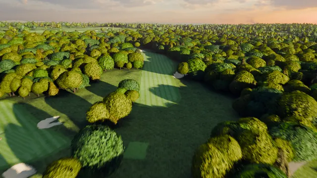 A golf hole from above in late light, long shadows across the turf.