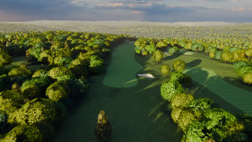 A rendered aerial view down a golf hole at River Ridge.