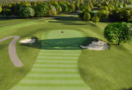 A rendered aerial view of the first green at River Ridge.