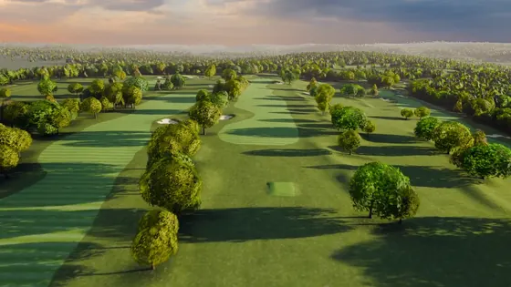 A rendered aerial view of the first at River Ridge from the tee end of the hole.