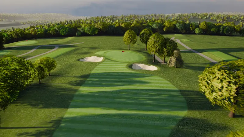 A rendered aerial view of the twin bunkers and specimen trees on the second.