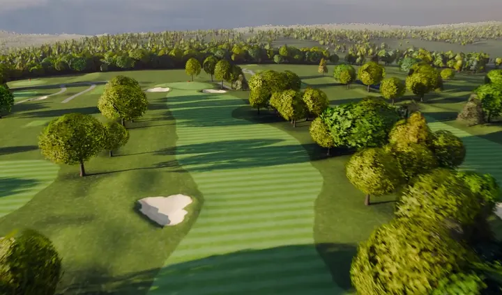 A rendered aerial view along the second fairway.