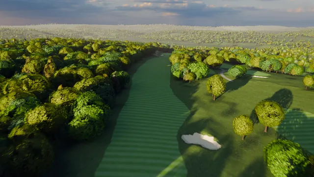 A rendered view down the dark striped corridor of the fifth, one bunker glinting.