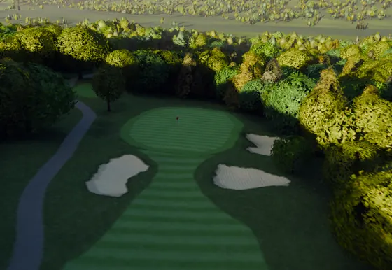 A rendered view of three bunkers ringing the shaded fifth green at River Ridge.