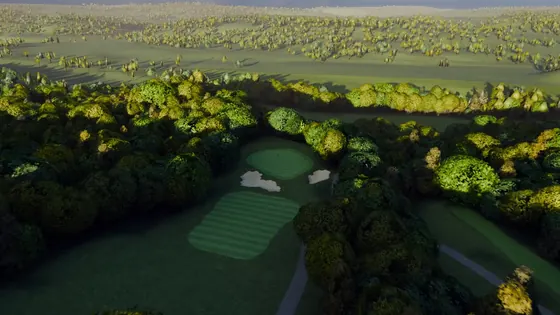 A rendered aerial view of the sixth, a par 3, from the tee end of the hole.