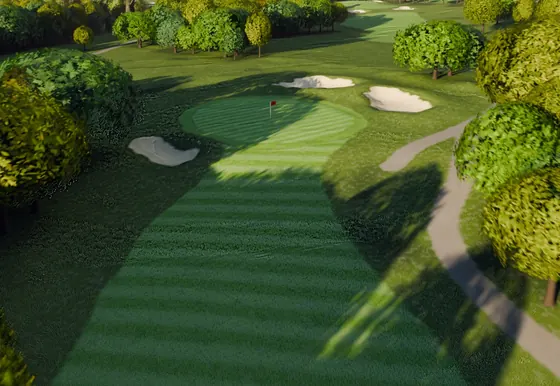 A rendered view arriving at the seventh green at River Ridge under long shadows.