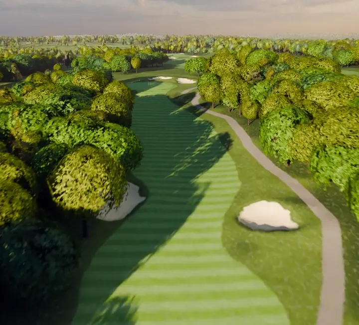 A rendered aerial view of the approach to the seventh at River Ridge, cropped tall.
