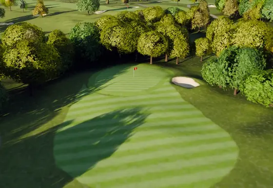 A rendered aerial view of the eighth green.