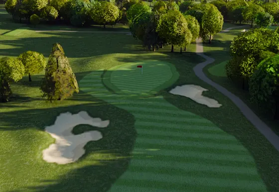 A rendered view of the tenth green and its lobed bunker in the last warm light.