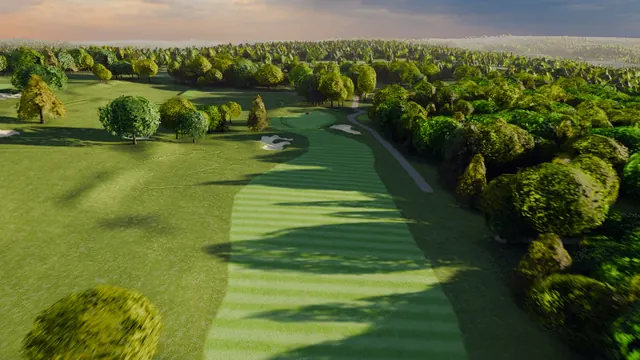 A rendered view of raking tree shadows across the stripes of the tenth.