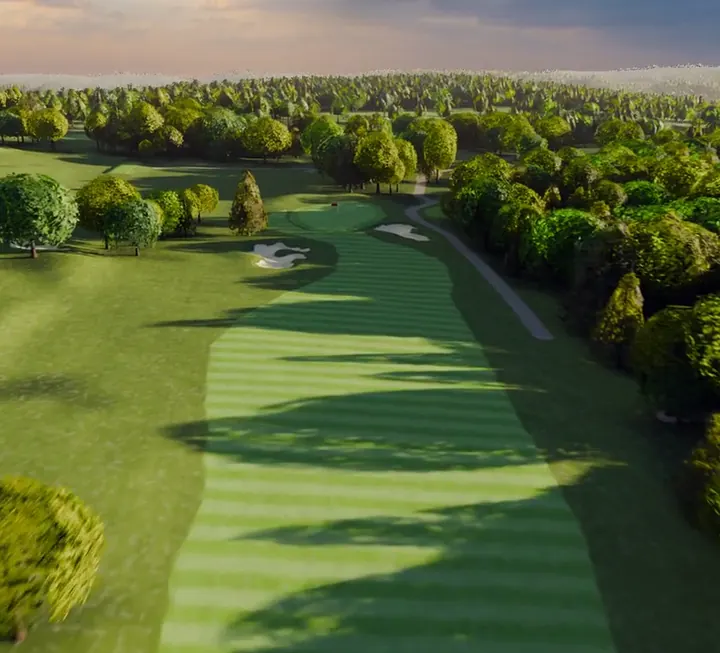 A rendered aerial view down the tenth at River Ridge, cropped tall.