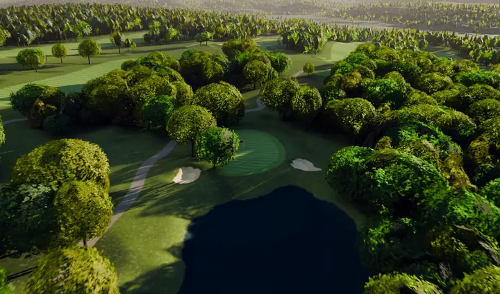 A rendered aerial view of the eleventh at River Ridge, a par 3 played over water.