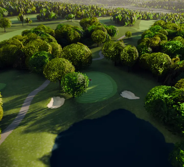 A rendered view down onto the eleventh at River Ridge, the pond in the foreground and the green with its flag beyond it between two pale bunkers, cropped tall.
