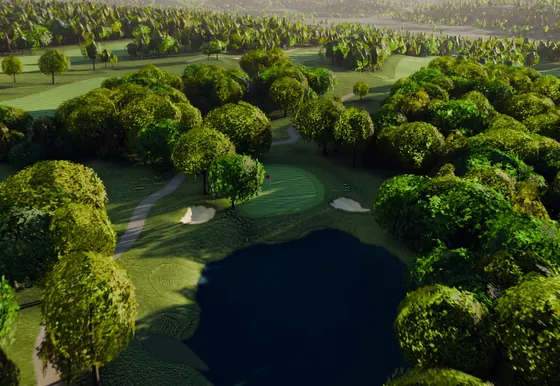 A rendered view of the pond against the canopy on the eleventh, a par 3 played over water.
