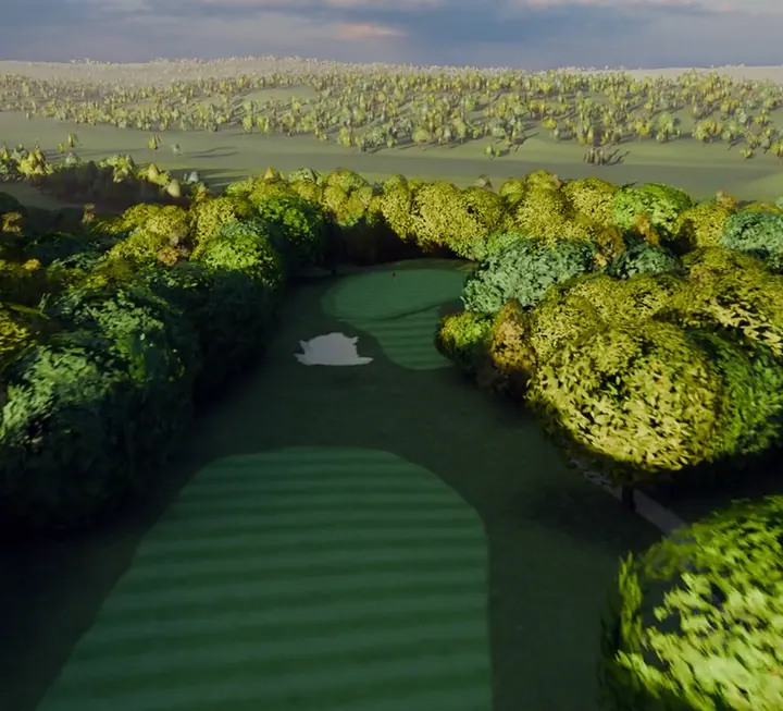 A rendered aerial view down the twelfth at River Ridge, cropped tall.