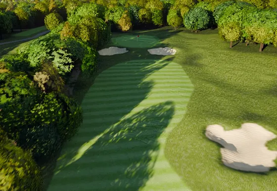 A rendered detail of the scalloped bunker and striped approach on the thirteenth.