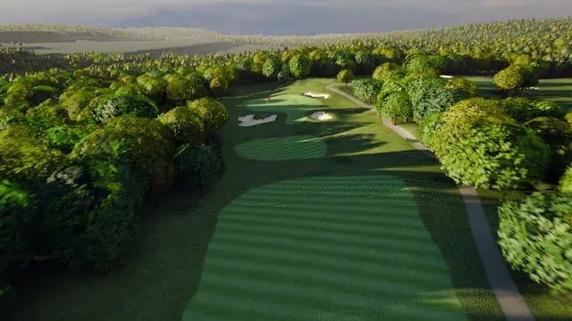 A rendered view of the fifteenth green and its sand at dusk.