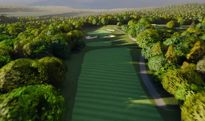 A rendered aerial view mid-hole on the fifteenth.