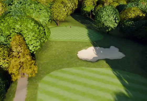 A rendered aerial view of the sixteenth green.