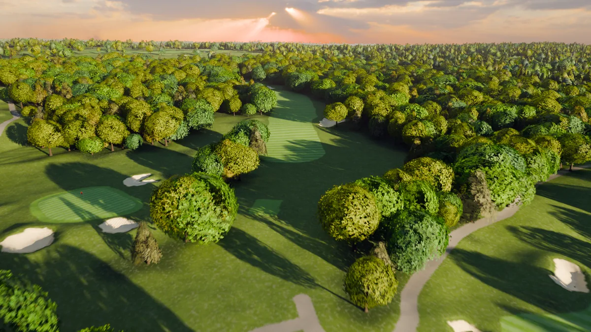 A rendered view of the sun bursting over the paths and bunkers of the sixteenth at River Ridge.