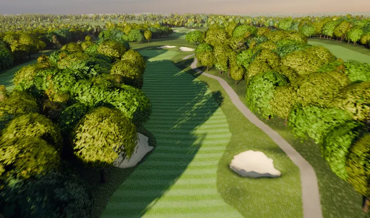 A rendered view of the approach into the seventh at River Ridge, cart path alongside the fairway.