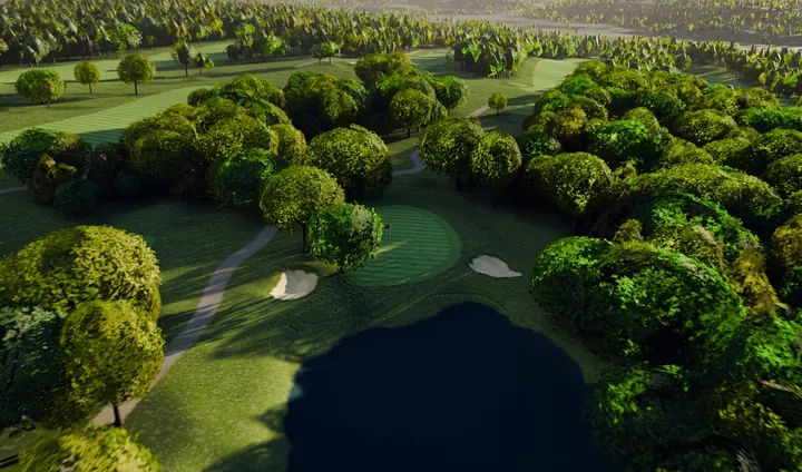 A rendered view low over the pond on the eleventh at River Ridge, path and deep shadow.