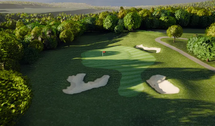 A rendered view of the greenside bunkers on the fifteenth at River Ridge, flag on the green.