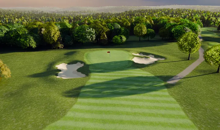 A rendered view of the third green at River Ridge, a red flag on it and pale sand on both sides, a pink horizon behind the tree line.