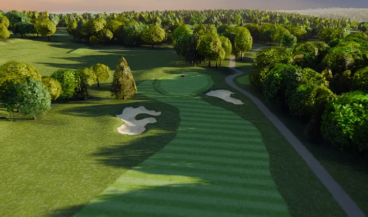 A rendered view down the tenth at River Ridge toward the green and its flag, a large scalloped bunker left of the approach and a smaller one right, long tree shadows and a pink horizon.