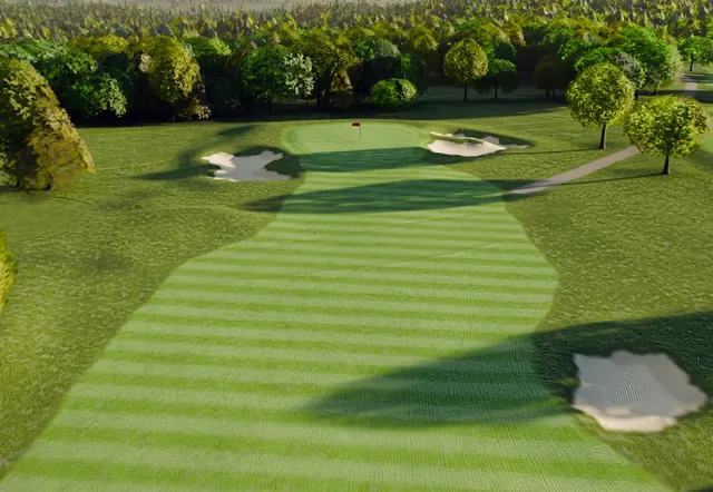 A rendered aerial frame of the third green.