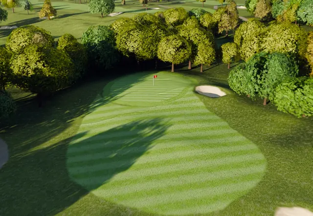 A rendered aerial frame of the eighth green and its bunker.