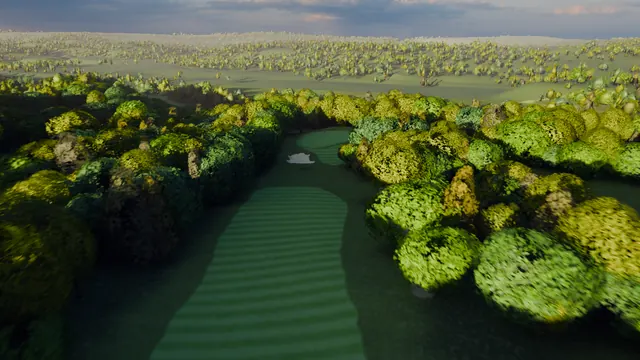A rendered aerial frame of the twelfth fairway.