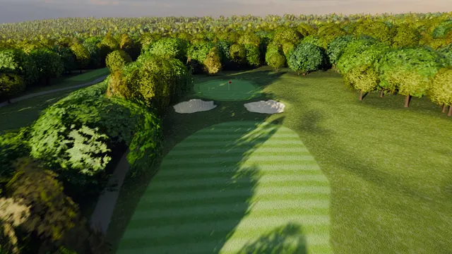 A rendered aerial frame of the thirteenth, tree line on both sides.