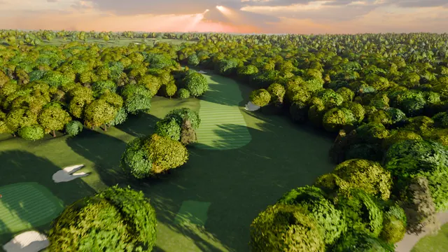 A rendered aerial frame of the sixteenth in late light.