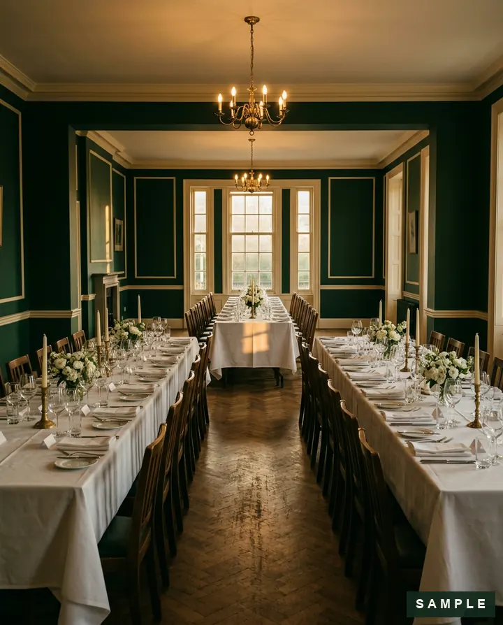 Sample imagery: a banquet room set for a large private dinner - to be replaced by the club's photography.