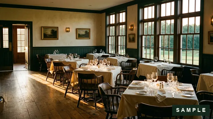 Sample imagery: a club dining room set for dinner at golden hour - to be replaced by the club's photography.