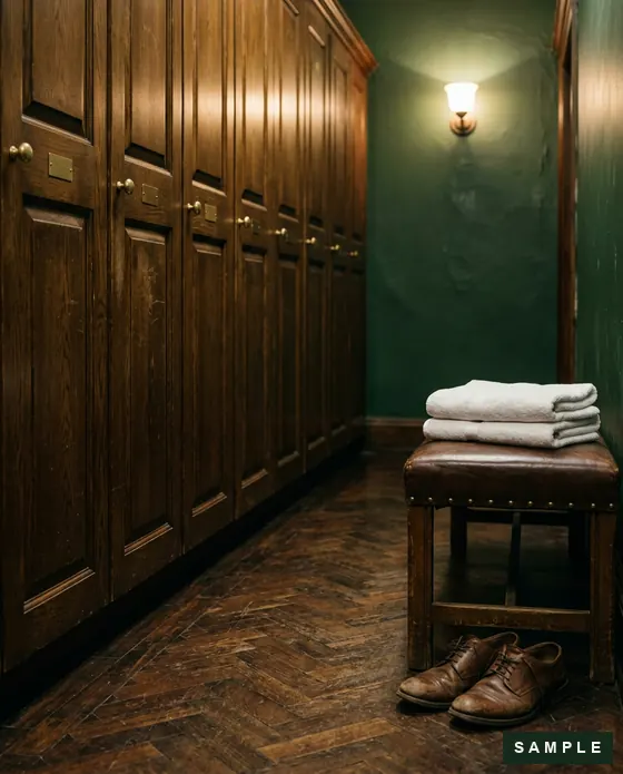 Sample imagery: a locker-room detail with oak lockers and a leather bench - to be replaced by the club's photography.