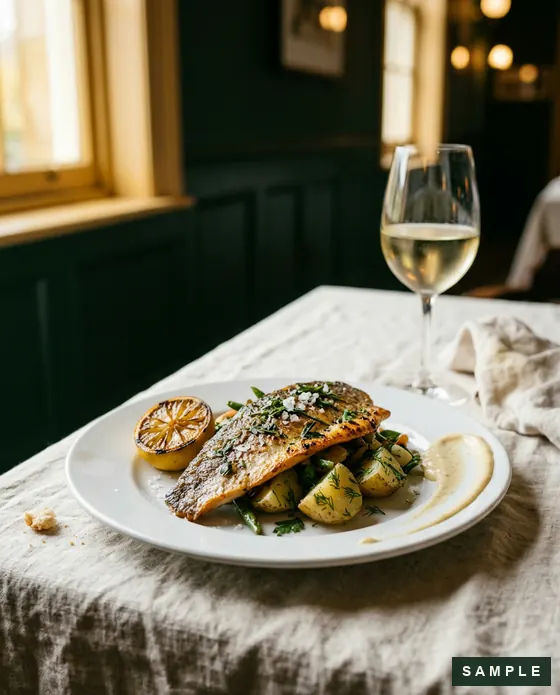Sample imagery: a plated dish on a linen-set table, shallow depth of field - to be replaced by the club's photography.