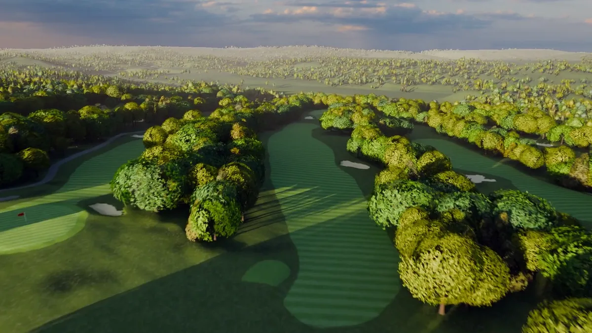 A rendered aerial view along the twelfth fairway at River Ridge, tree line on both sides.