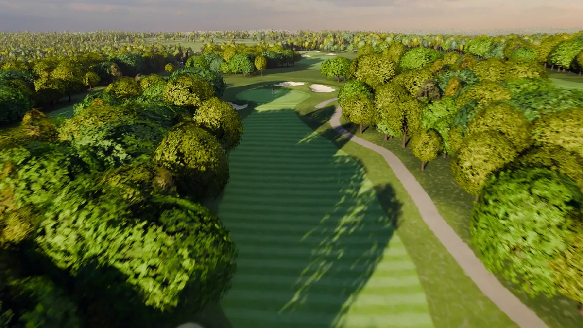 A rendered aerial view across a fairway toward a green ringed by trees, late in the day.