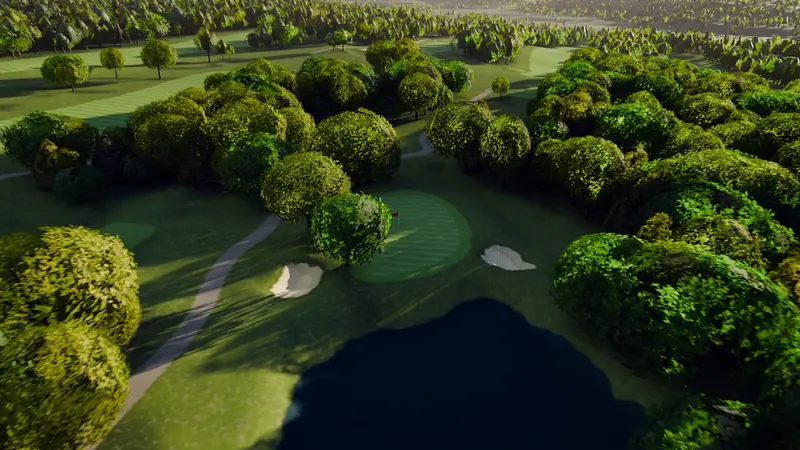 A rendered aerial view down the line of play toward a green.